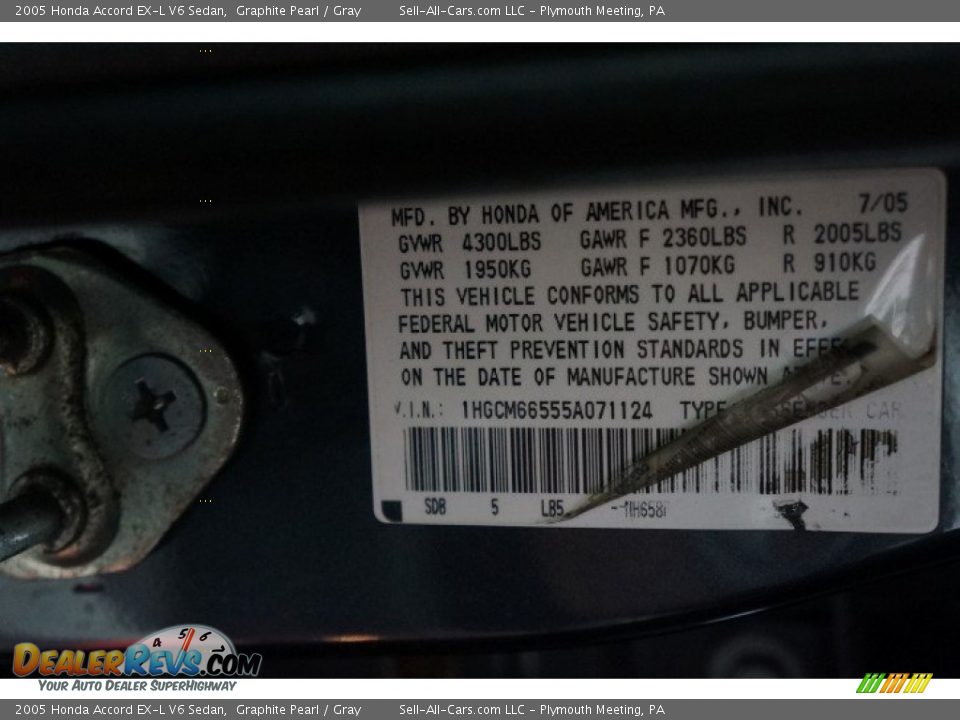 2005 Honda Accord EX-L V6 Sedan Graphite Pearl / Gray Photo #14