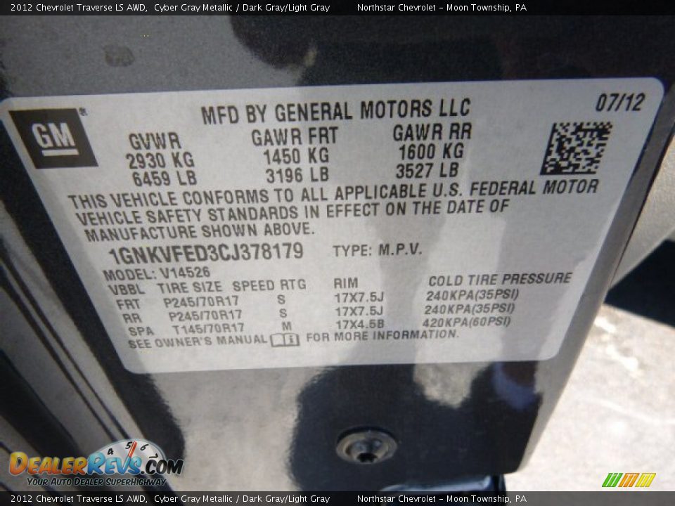 2012 Chevrolet Traverse LS AWD Cyber Gray Metallic / Dark Gray/Light Gray Photo #19