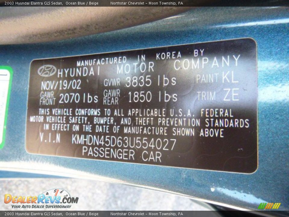 2003 Hyundai Elantra GLS Sedan Ocean Blue / Beige Photo #14