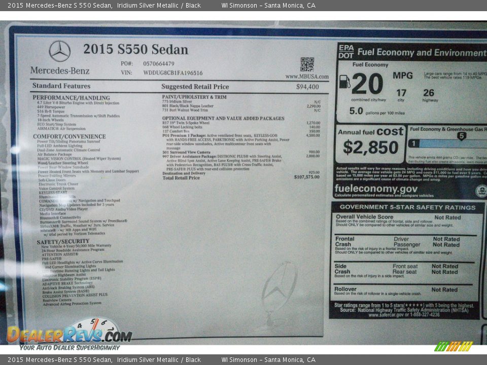 2015 Mercedes-Benz S 550 Sedan Iridium Silver Metallic / Black Photo #11