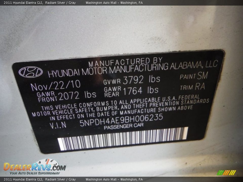 2011 Hyundai Elantra GLS Radiant Silver / Gray Photo #19