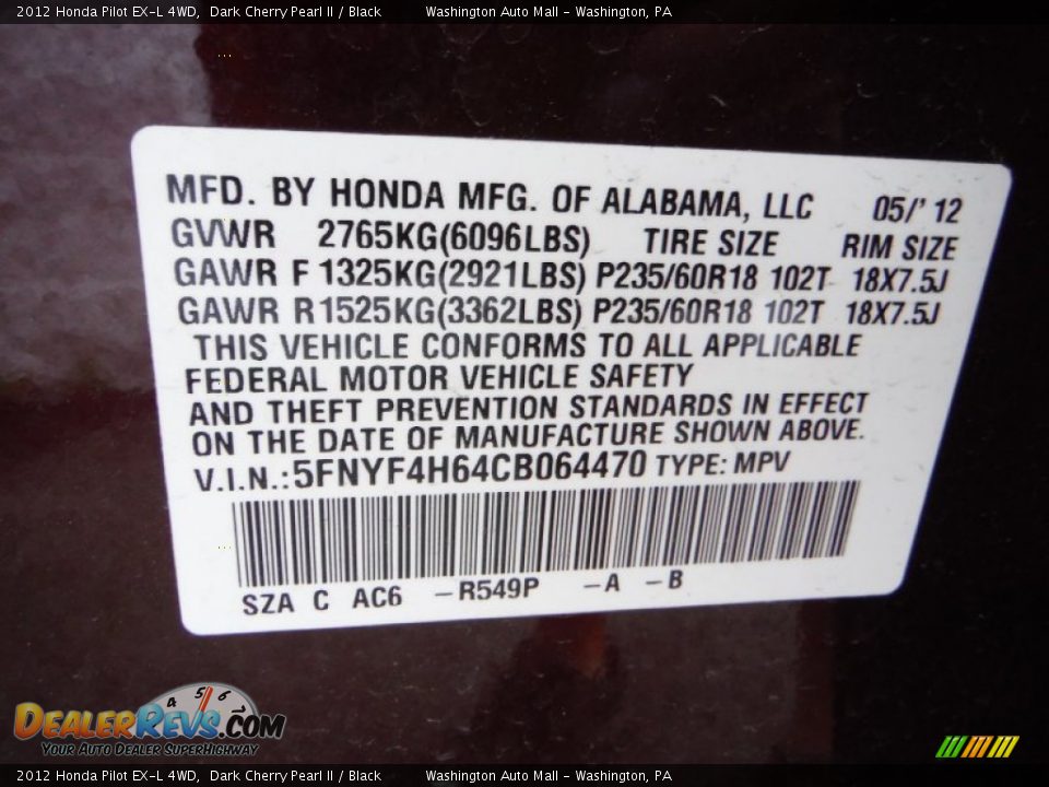 2012 Honda Pilot EX-L 4WD Dark Cherry Pearl II / Black Photo #24