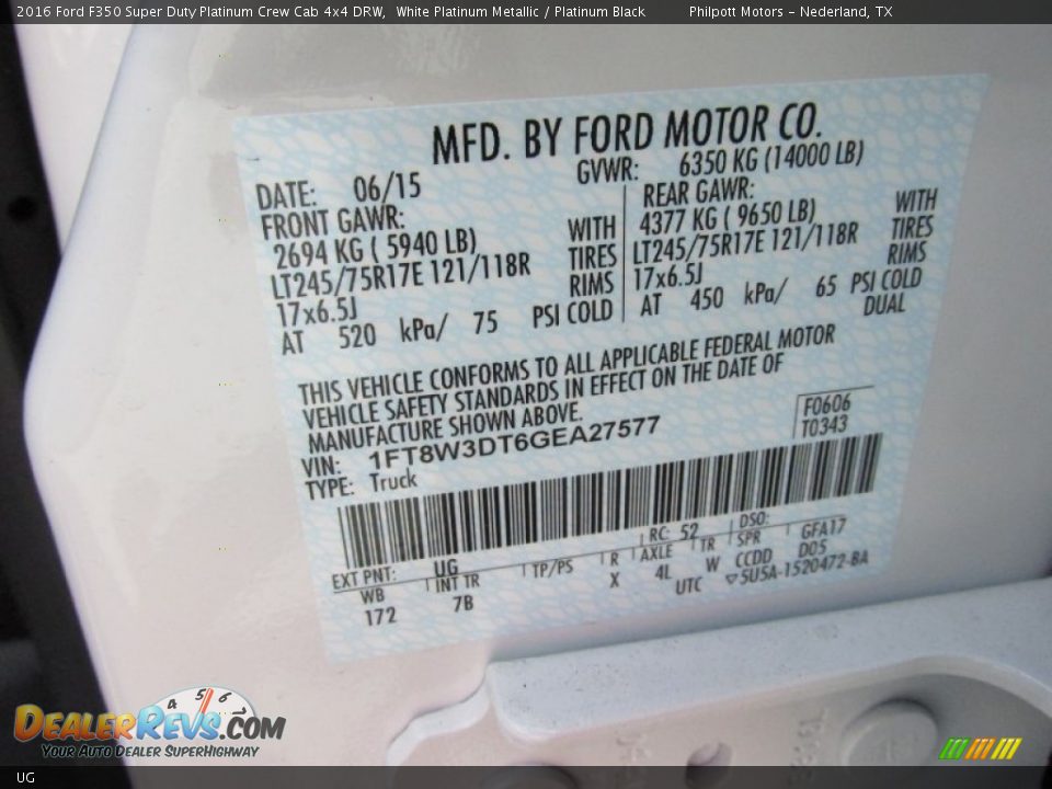 Ford Color Code UG White Platinum Metallic