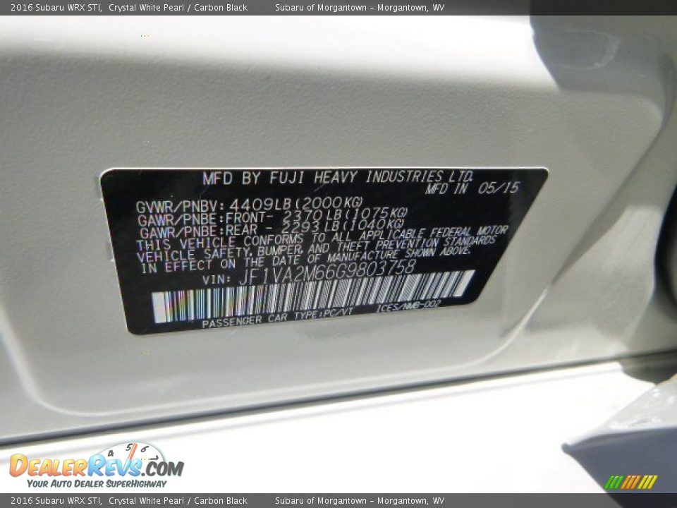 2016 Subaru WRX STI Crystal White Pearl / Carbon Black Photo #14