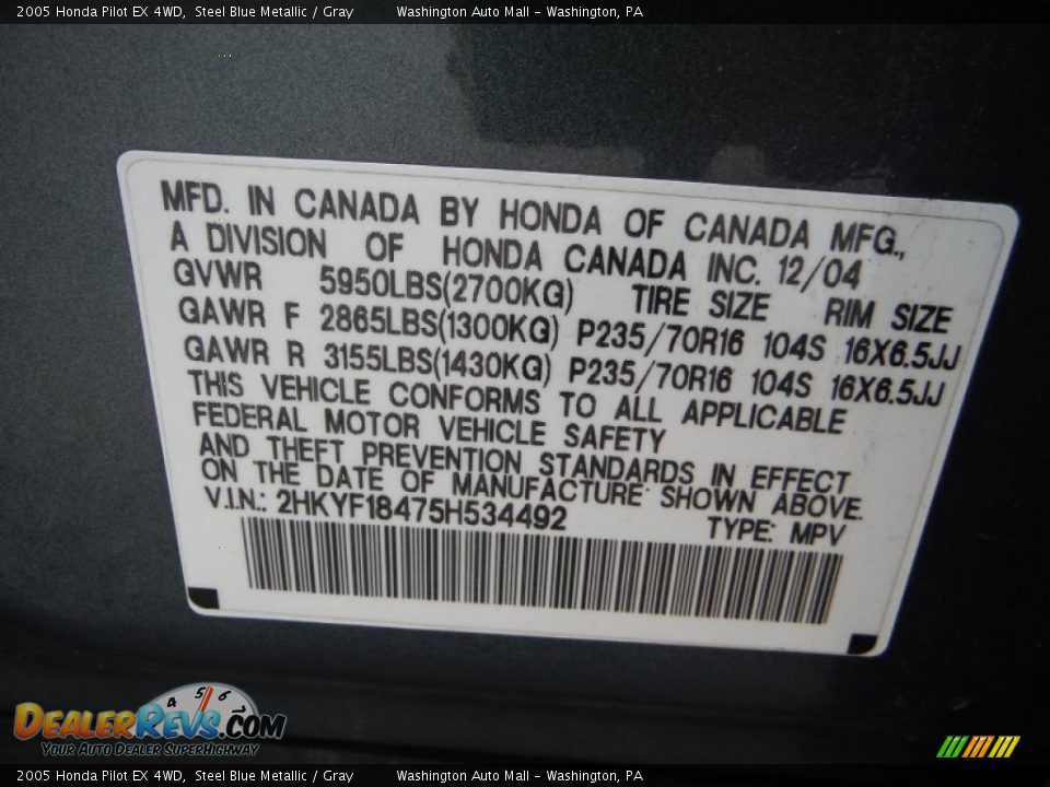 2005 Honda Pilot EX 4WD Steel Blue Metallic / Gray Photo #19