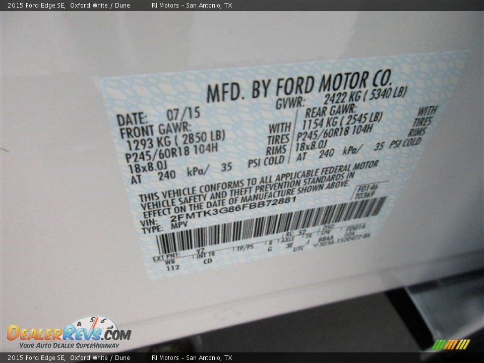 2015 Ford Edge SE Oxford White / Dune Photo #14