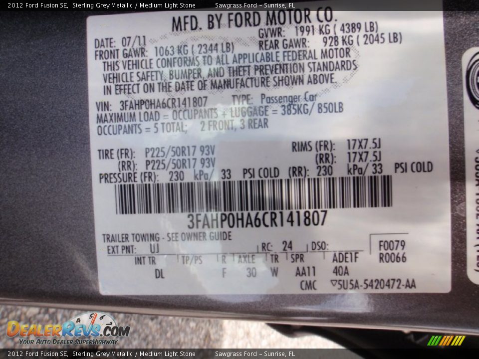 2012 Ford Fusion SE Sterling Grey Metallic / Medium Light Stone Photo #33