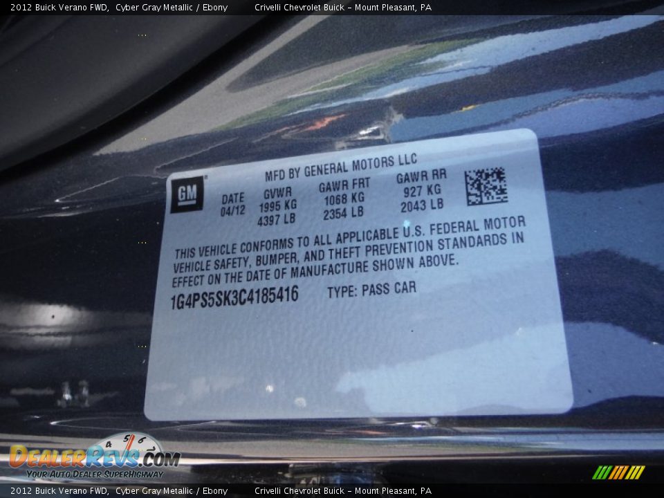 2012 Buick Verano FWD Cyber Gray Metallic / Ebony Photo #33