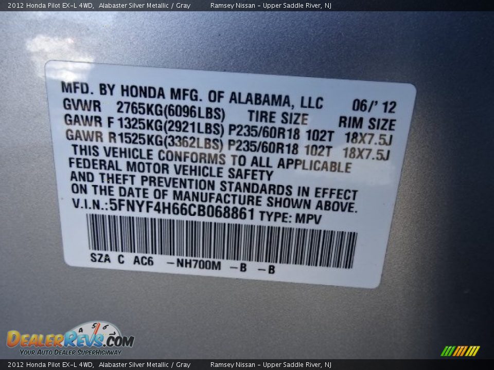 2012 Honda Pilot EX-L 4WD Alabaster Silver Metallic / Gray Photo #28