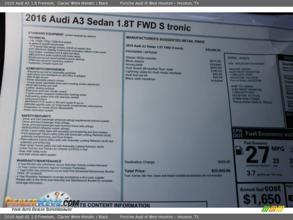 2016 Audi A3 1.8 Premium Window Sticker Photo #8