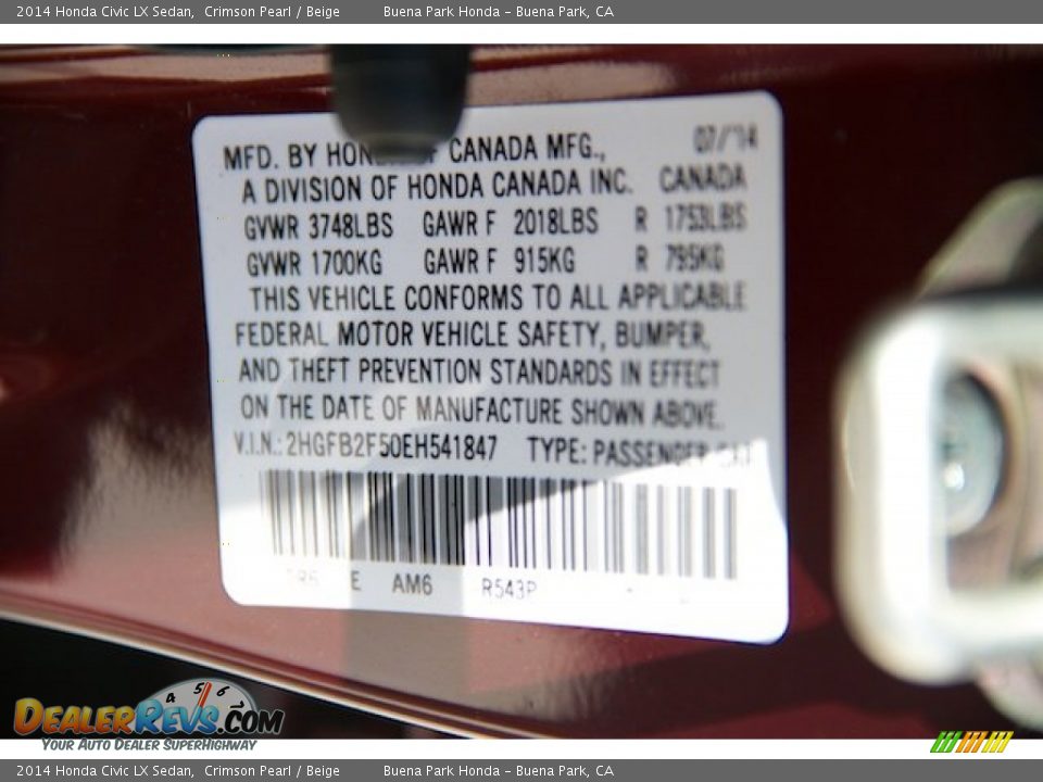 2014 Honda Civic LX Sedan Crimson Pearl / Beige Photo #29