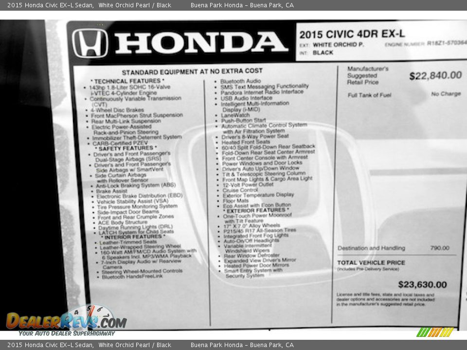 2015 Honda Civic EX-L Sedan White Orchid Pearl / Black Photo #23