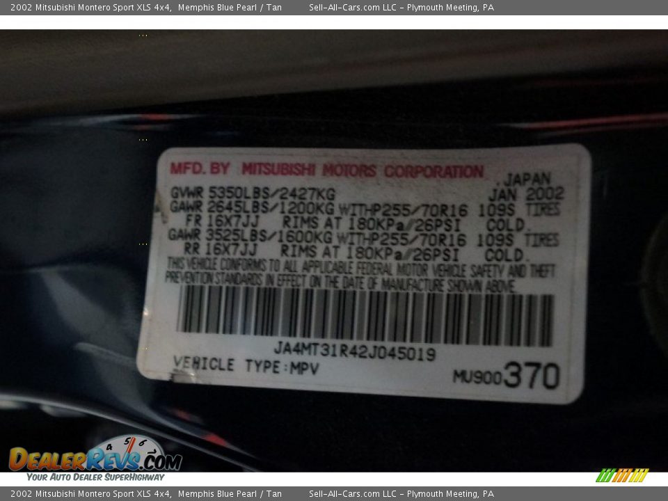 2002 Mitsubishi Montero Sport XLS 4x4 Memphis Blue Pearl / Tan Photo #14