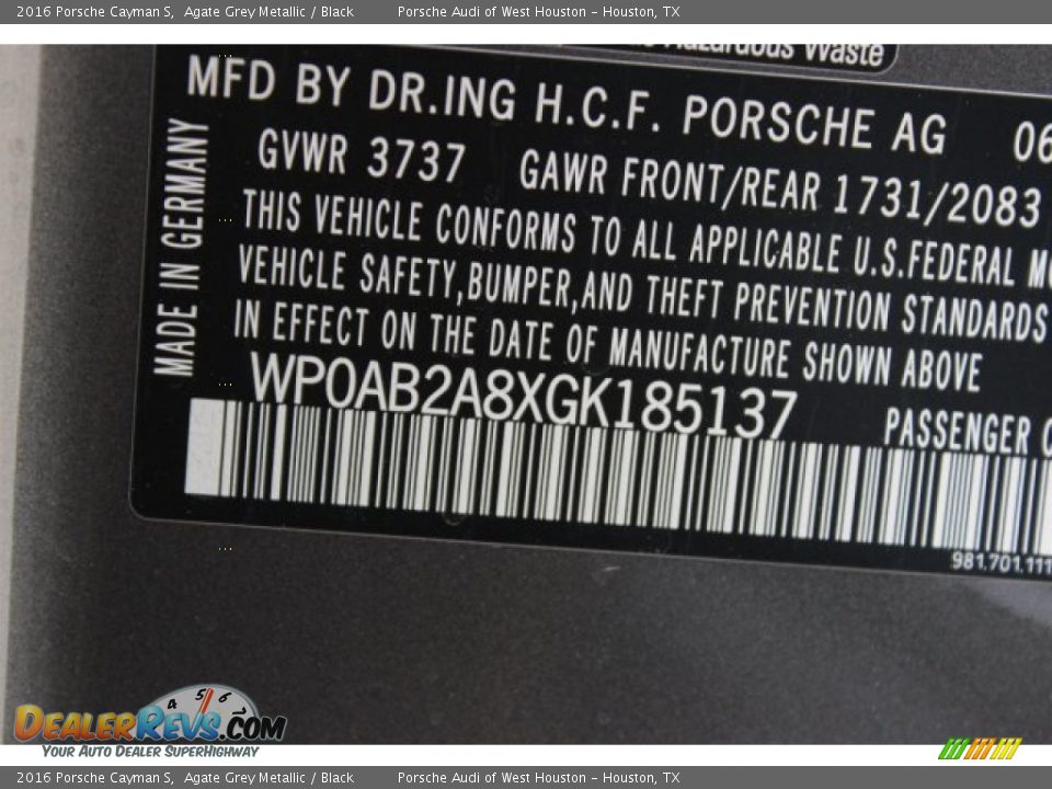 2016 Porsche Cayman S Agate Grey Metallic / Black Photo #35