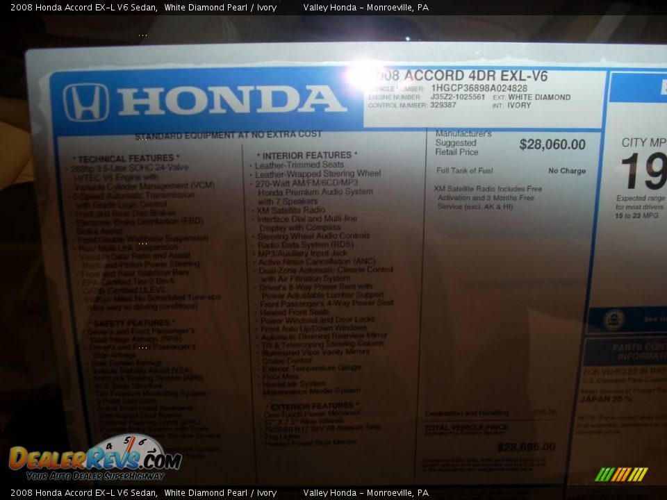 2008 Honda Accord EX-L V6 Sedan White Diamond Pearl / Ivory Photo #9