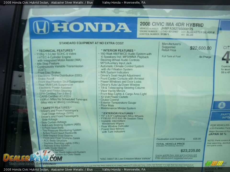 2008 Honda Civic Hybrid Sedan Alabaster Silver Metallic / Blue Photo #9