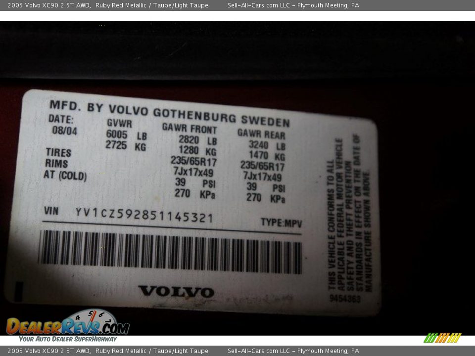 2005 Volvo XC90 2.5T AWD Ruby Red Metallic / Taupe/Light Taupe Photo #14
