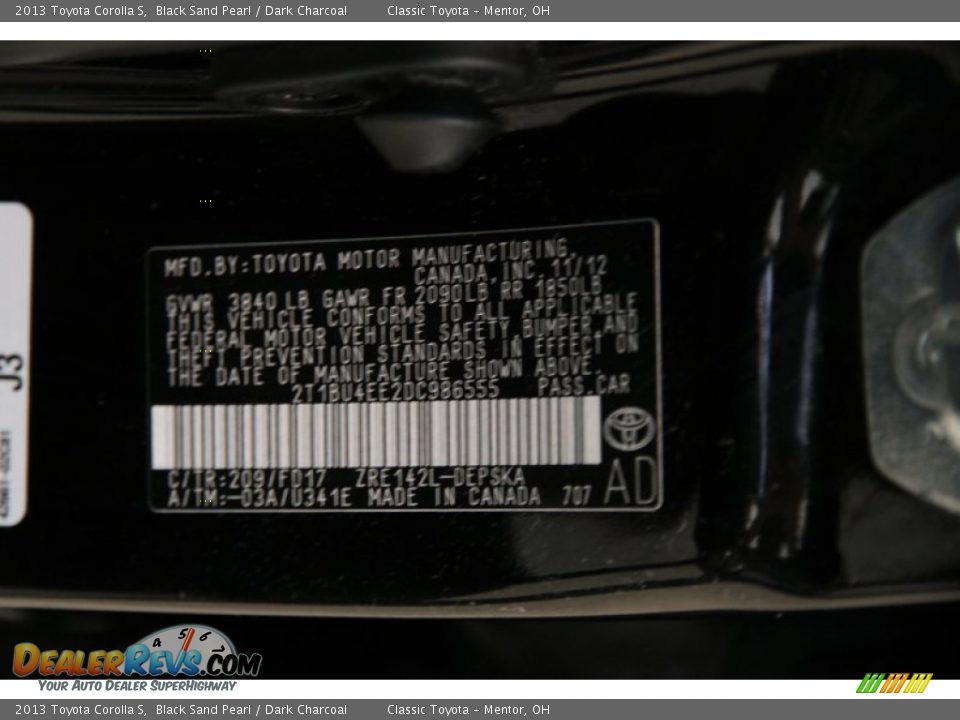 2013 Toyota Corolla S Black Sand Pearl / Dark Charcoal Photo #16