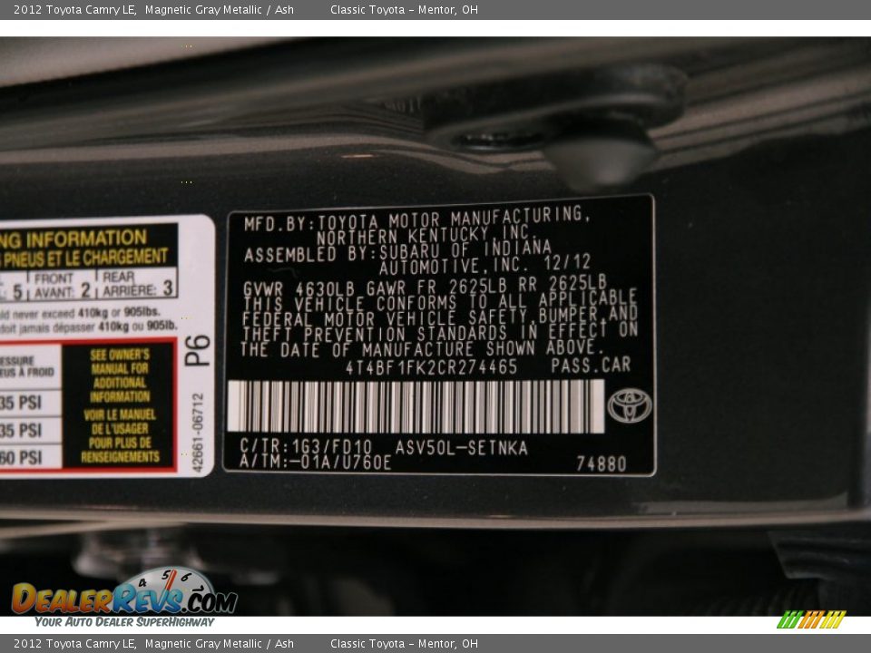 2012 Toyota Camry LE Magnetic Gray Metallic / Ash Photo #16