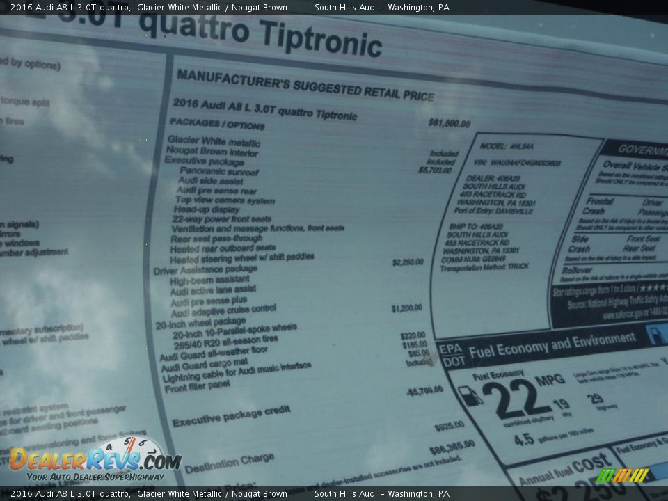 2016 Audi A8 L 3.0T quattro Window Sticker Photo #11