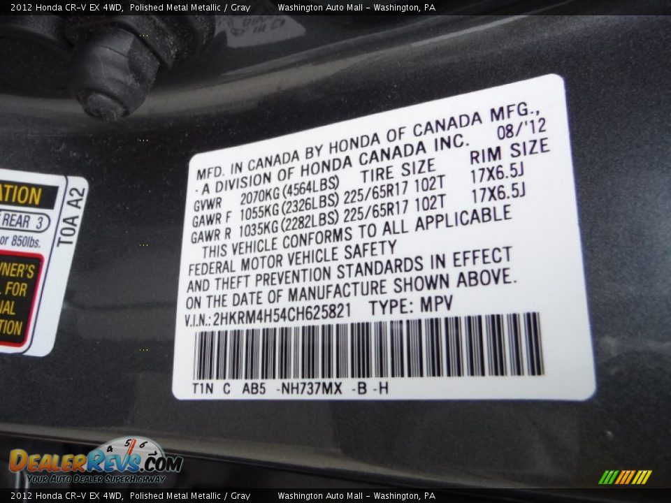 2012 Honda CR-V EX 4WD Polished Metal Metallic / Gray Photo #19