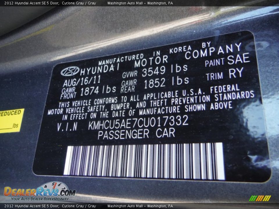 2012 Hyundai Accent SE 5 Door Cyclone Gray / Gray Photo #19
