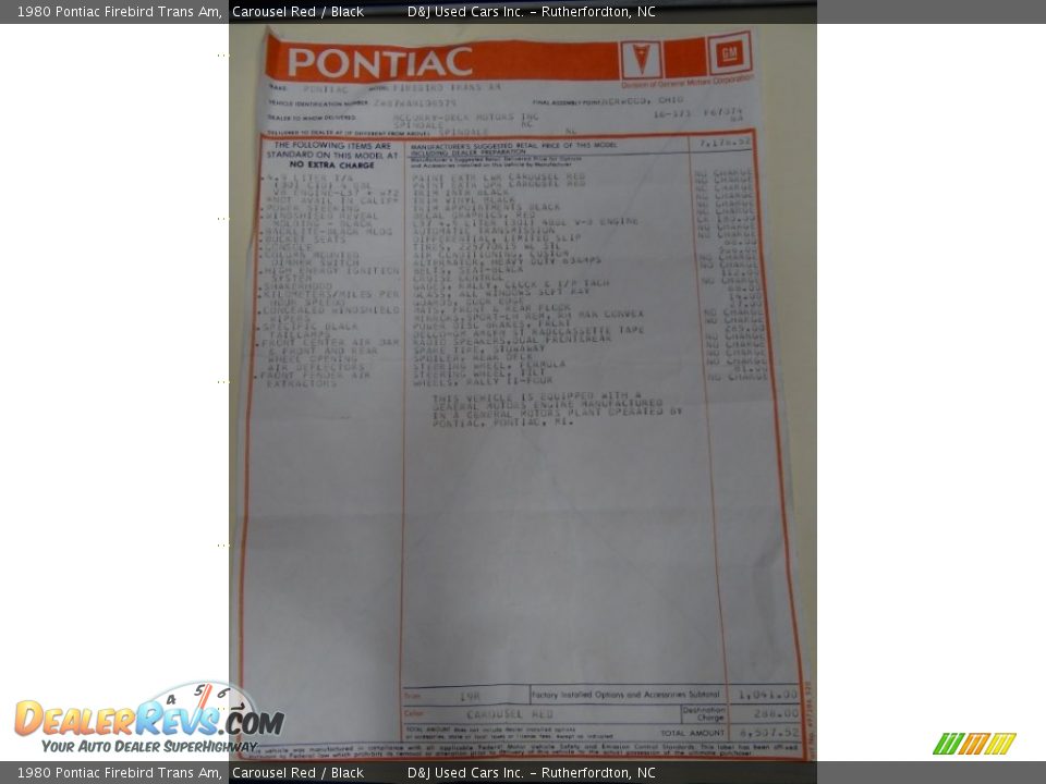 1980 Pontiac Firebird Trans Am Window Sticker Photo #30