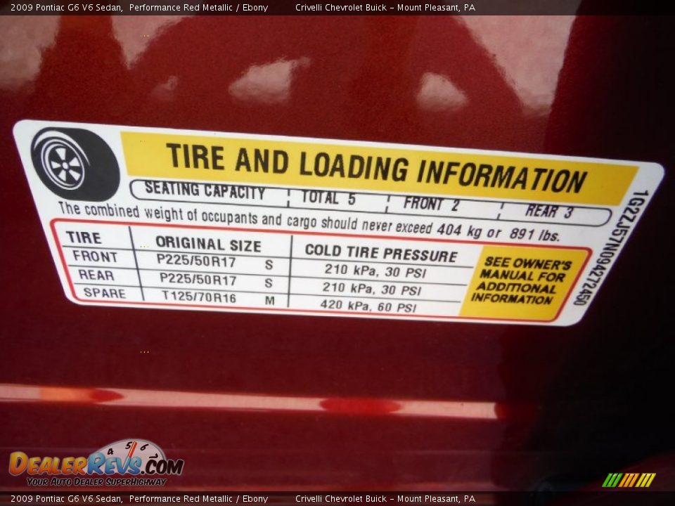 Info Tag of 2009 Pontiac G6 V6 Sedan Photo #32
