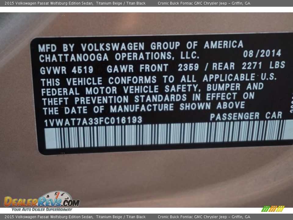 2015 Volkswagen Passat Wolfsburg Edition Sedan Titanium Beige / Titan Black Photo #23