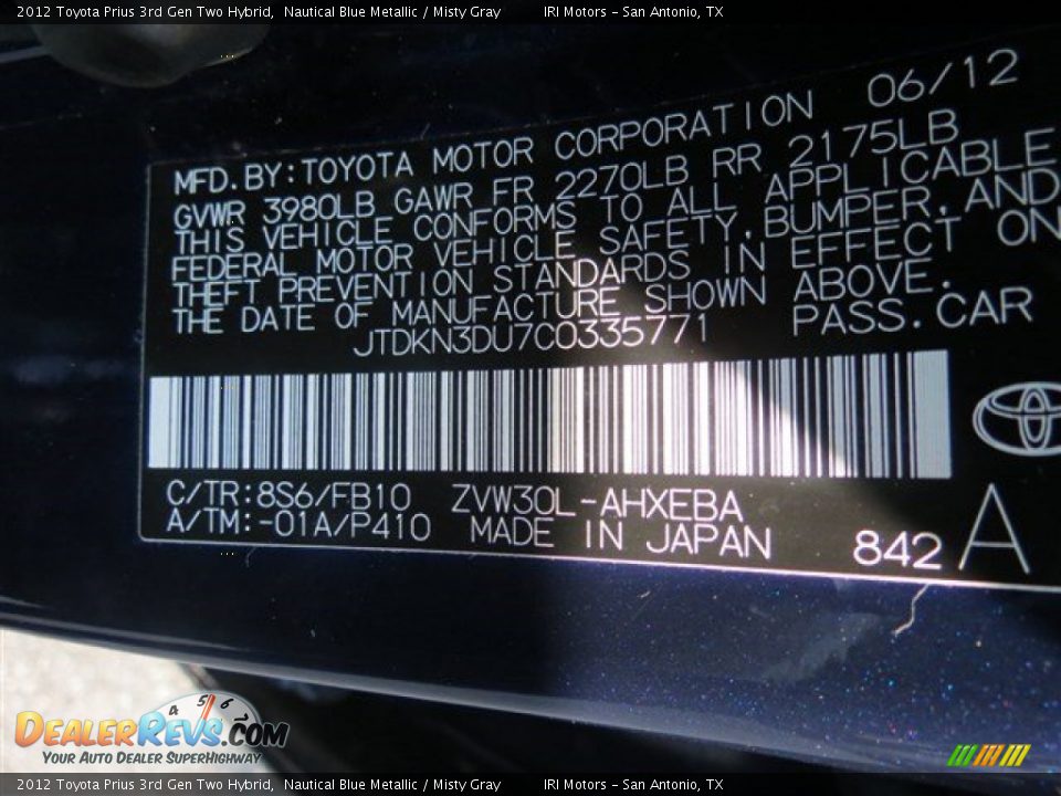 2012 Toyota Prius 3rd Gen Two Hybrid Nautical Blue Metallic / Misty Gray Photo #14