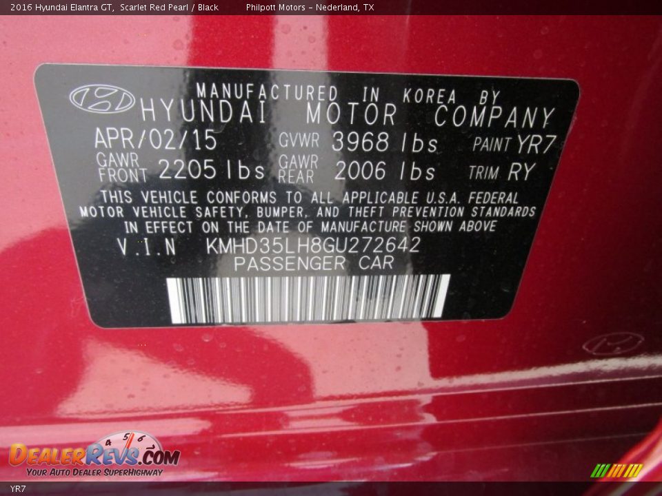 Hyundai Color Code YR7 Scarlet Red Pearl