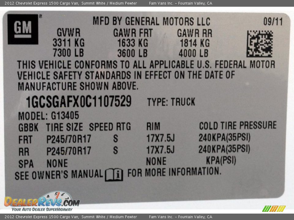 2012 Chevrolet Express 1500 Cargo Van Summit White / Medium Pewter Photo #19