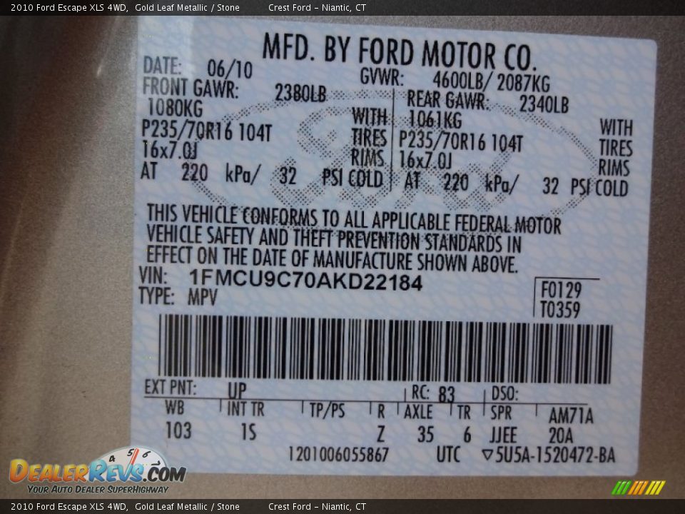 2010 Ford Escape XLS 4WD Gold Leaf Metallic / Stone Photo #15
