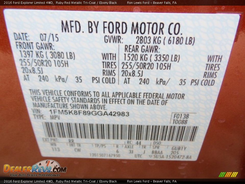2016 Ford Explorer Limited 4WD Ruby Red Metallic Tri-Coat / Ebony Black Photo #16