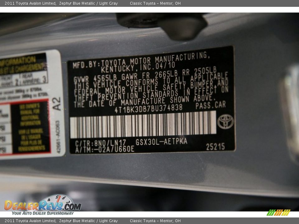 2011 Toyota Avalon Limited Zephyr Blue Metallic / Light Gray Photo #20