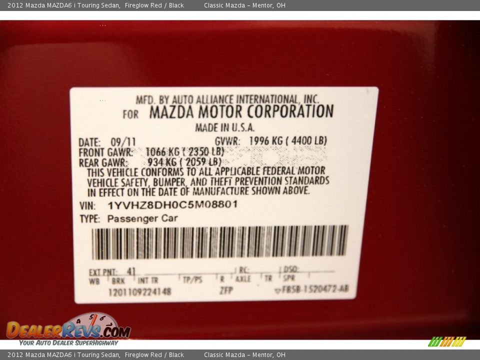 2012 Mazda MAZDA6 i Touring Sedan Fireglow Red / Black Photo #17