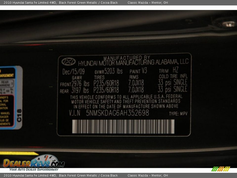 2010 Hyundai Santa Fe Limited 4WD Black Forest Green Metallic / Cocoa Black Photo #14
