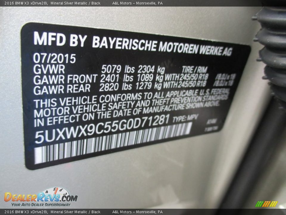 2016 BMW X3 xDrive28i Mineral Silver Metallic / Black Photo #18