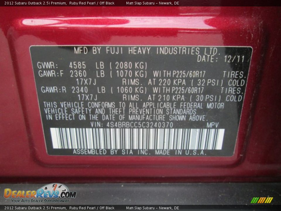 2012 Subaru Outback 2.5i Premium Ruby Red Pearl / Off Black Photo #28