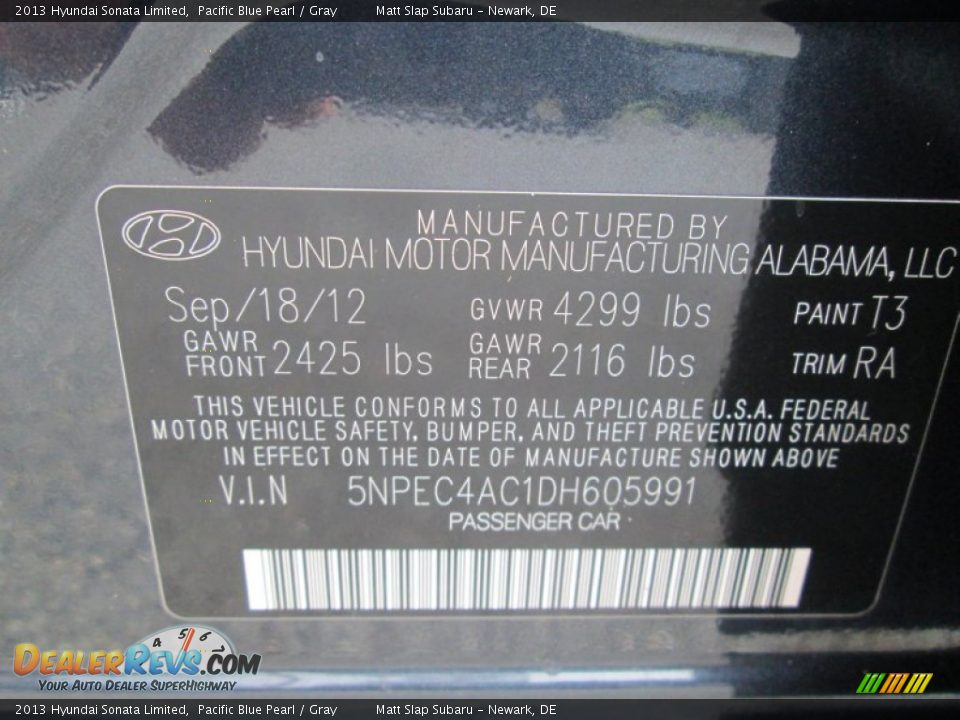 2013 Hyundai Sonata Limited Pacific Blue Pearl / Gray Photo #28