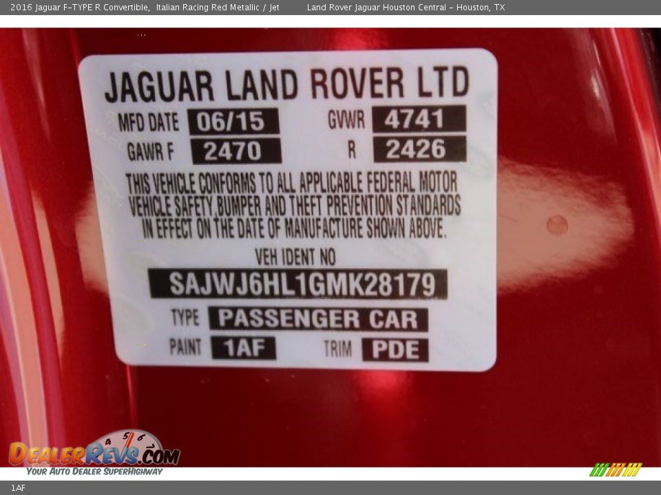 Jaguar Color Code 1AF Italian Racing Red Metallic