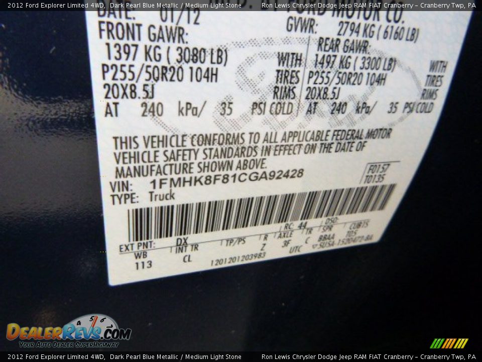 2012 Ford Explorer Limited 4WD Dark Pearl Blue Metallic / Medium Light Stone Photo #15