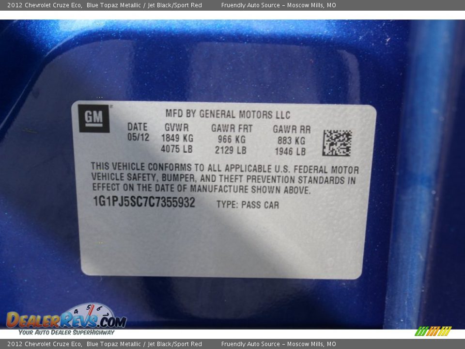 2012 Chevrolet Cruze Eco Blue Topaz Metallic / Jet Black/Sport Red Photo #23