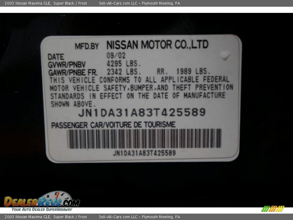 2003 Nissan Maxima GLE Super Black / Frost Photo #15