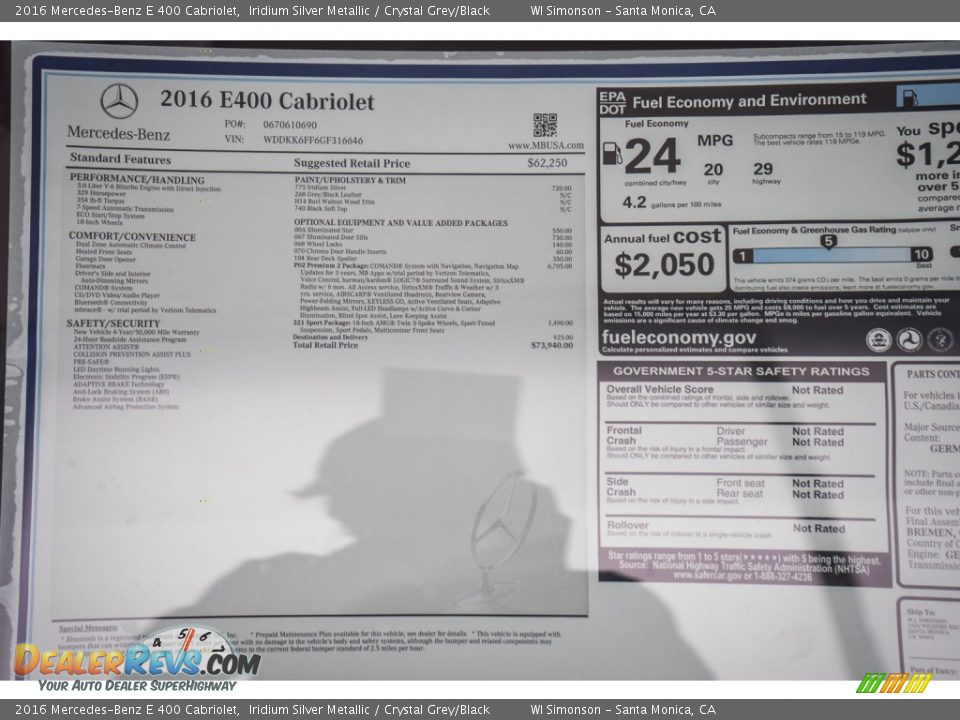 2016 Mercedes-Benz E 400 Cabriolet Window Sticker Photo #11