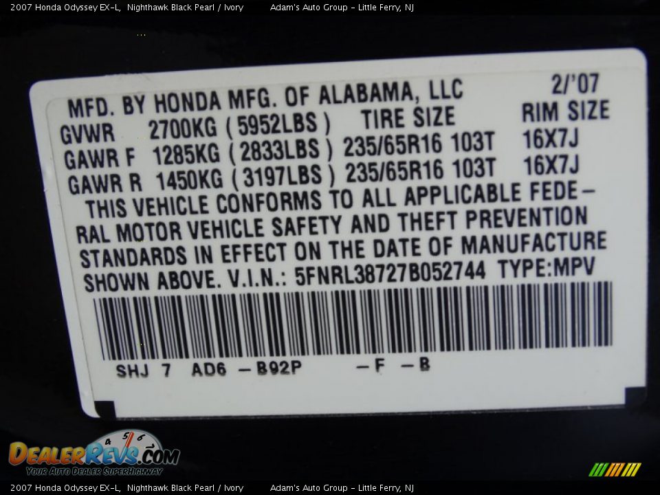 2007 Honda Odyssey EX-L Nighthawk Black Pearl / Ivory Photo #28