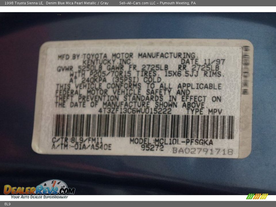 Toyota Color Code 8L9 Denim Blue Mica Pearl Metallic