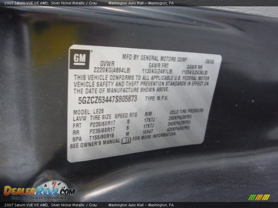 2007 Saturn VUE V6 AWD Silver Nickel Metallic / Gray Photo #19