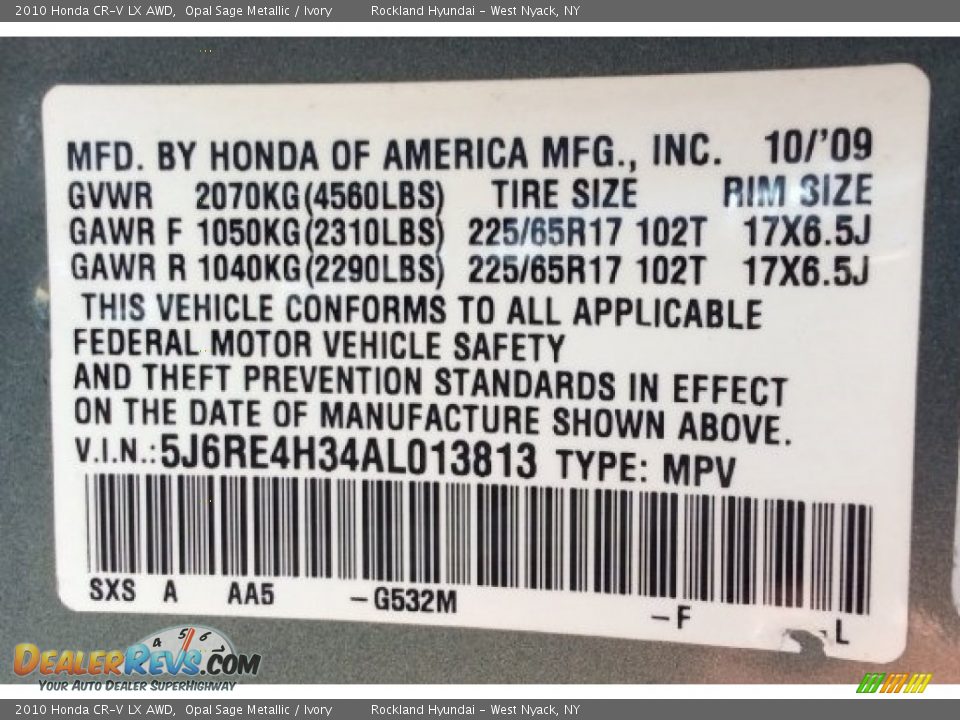 2010 Honda CR-V LX AWD Opal Sage Metallic / Ivory Photo #30