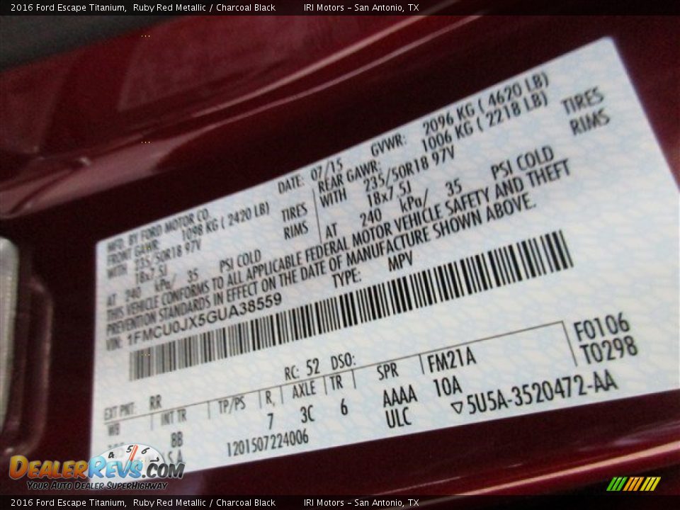 2016 Ford Escape Titanium Ruby Red Metallic / Charcoal Black Photo #17